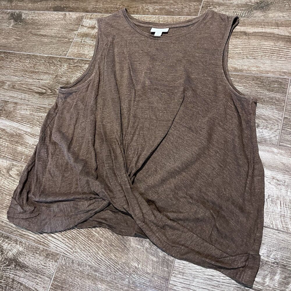 J. Jill Love Linen L Petite Front Draped Knit Top Brown Sleeveless 100% Linen PL